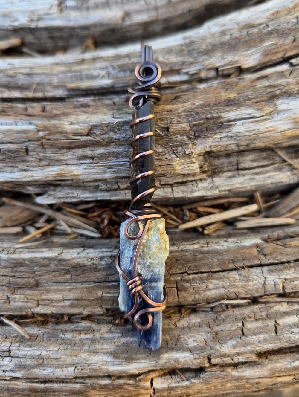 Blue Kyanite & Smoky Quartz Crystal Amulet